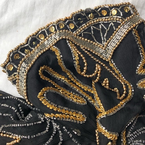 Vtg Women's Silk Beaded Blouse, Black & Gold, Maximalist, Short Sleeve, L / M - Picture 8 of 11